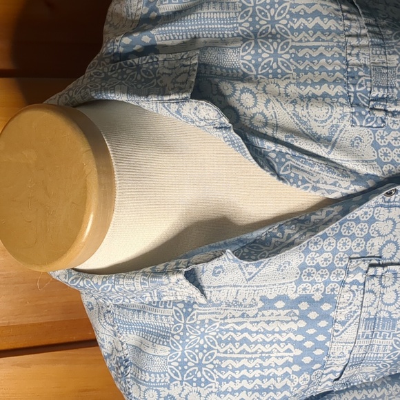 STANDARD GRACE* Sz L long sleeve 2pkt button front denim like patchwork look top - Picture 5 of 14